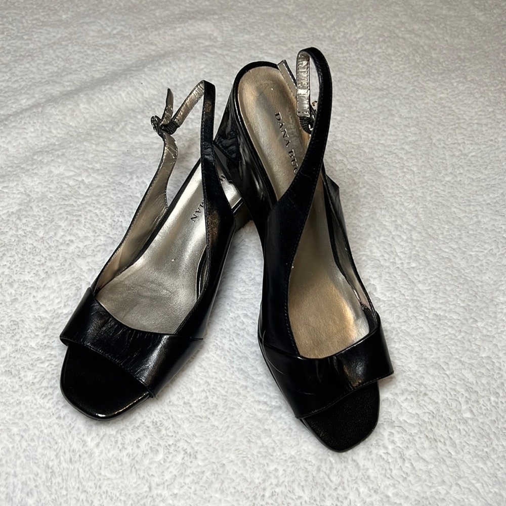 DANA BUCHMAN black wedge sling back , black Pat-ton leather .